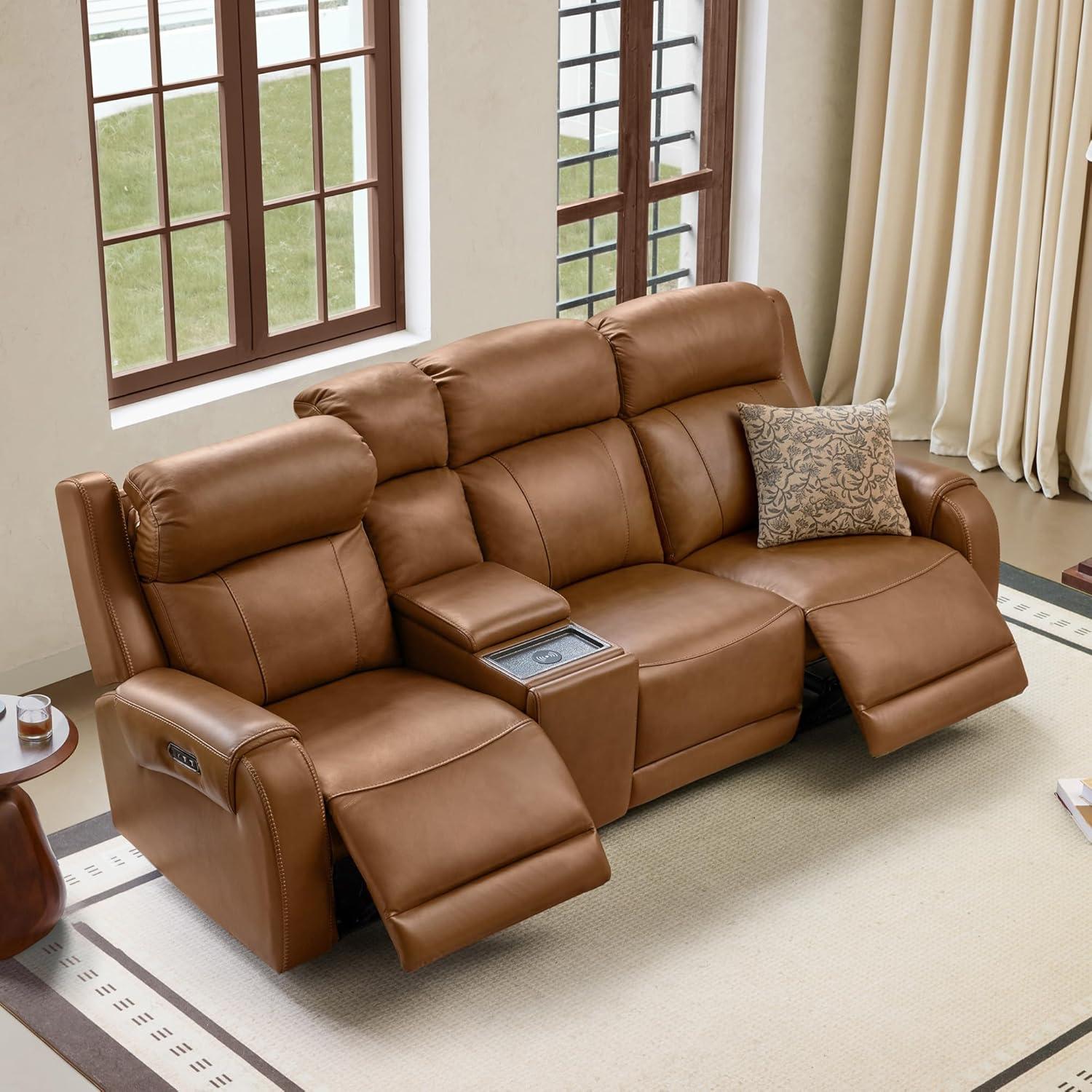 image:imageCHITA Genuine Leather Power Recliner Sofa Wall Hugger Reclining Loveseat with Console Power Headrest Dual Motor Wireless amp USB Charging Ports Recliner Couch for Living Room RV Leather in SaddleSaddle