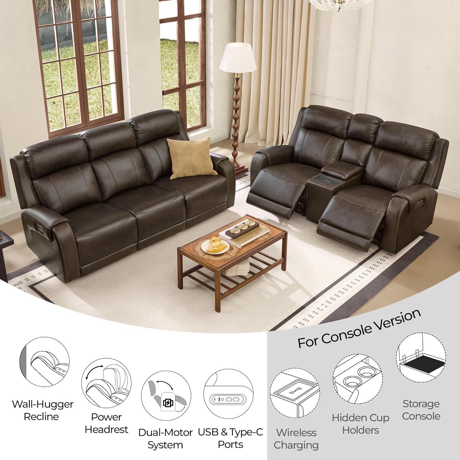 image:imageCHITA Genuine Leather Power Recliner Sofa Wall Hugger Reclining Loveseat with Console Power Headrest Dual Motor Wireless amp USB Charging Ports Recliner Couch for Living Room RV Leather in SaddleBrown