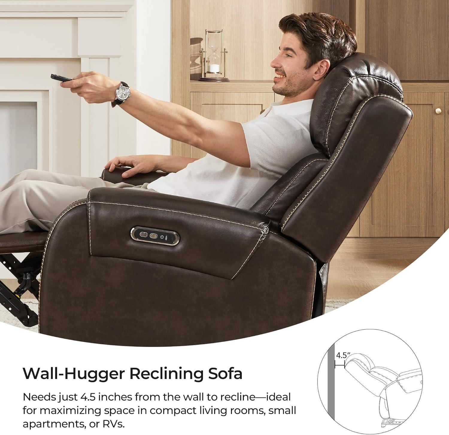 image:imageCHITA Genuine Leather Power Recliner Sofa Wall Hugger Reclining Loveseat with Console Power Headrest Dual Motor Wireless amp USB Charging Ports Recliner Couch for Living Room RV Leather in SaddleBrown