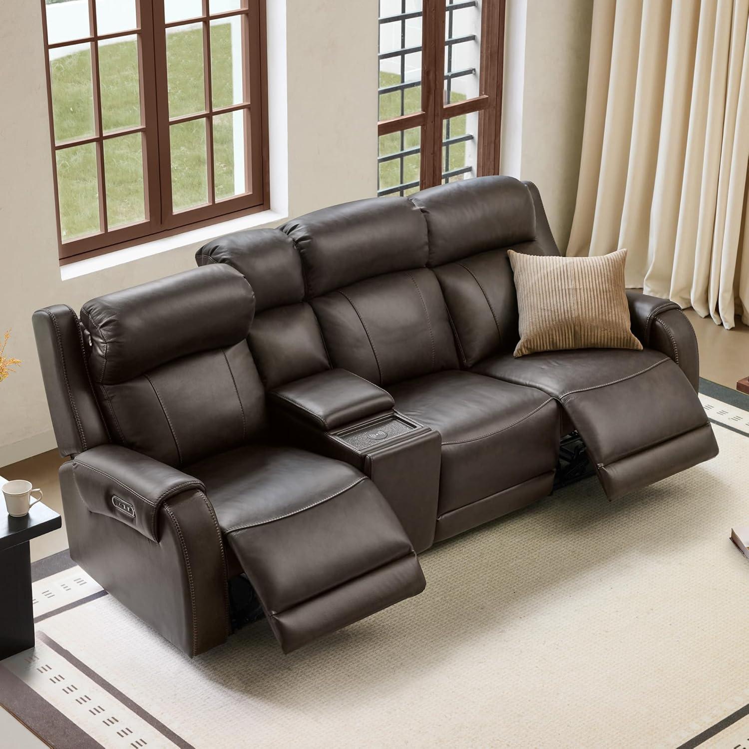 image:imageCHITA Genuine Leather Power Recliner Sofa Wall Hugger Reclining Loveseat with Console Power Headrest Dual Motor Wireless amp USB Charging Ports Recliner Couch for Living Room RV Leather in SaddleBrown