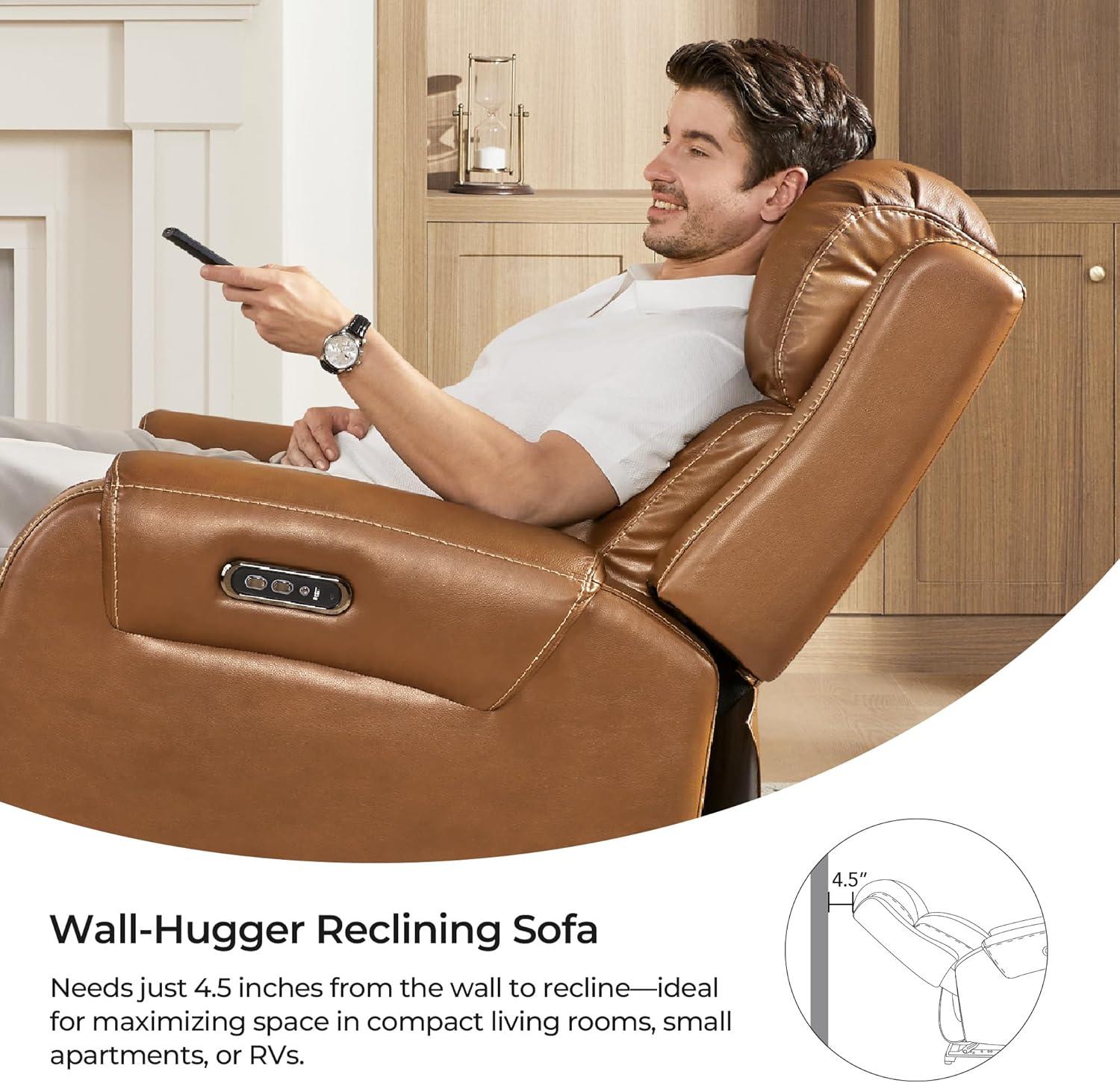 image:imageCHITA Genuine Leather Power Recliner Sofa Wall Hugger Reclining Loveseat with Console Power Headrest Dual Motor Wireless amp USB Charging Ports Recliner Couch for Living Room RV Leather in SaddleSaddle