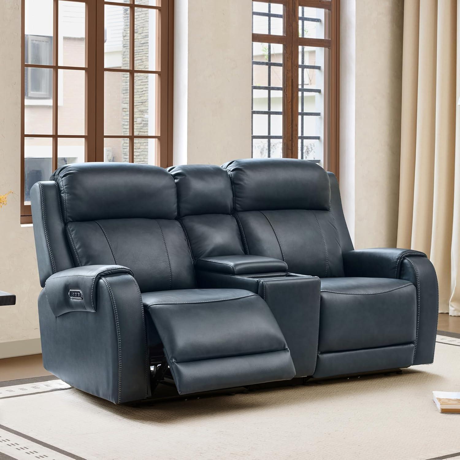 image:imageCHITA Genuine Leather Power Recliner Sofa Wall Hugger Reclining Loveseat with Console Power Headrest Dual Motor Wireless amp USB Charging Ports Recliner Couch for Living Room RV Leather in SaddleNavy