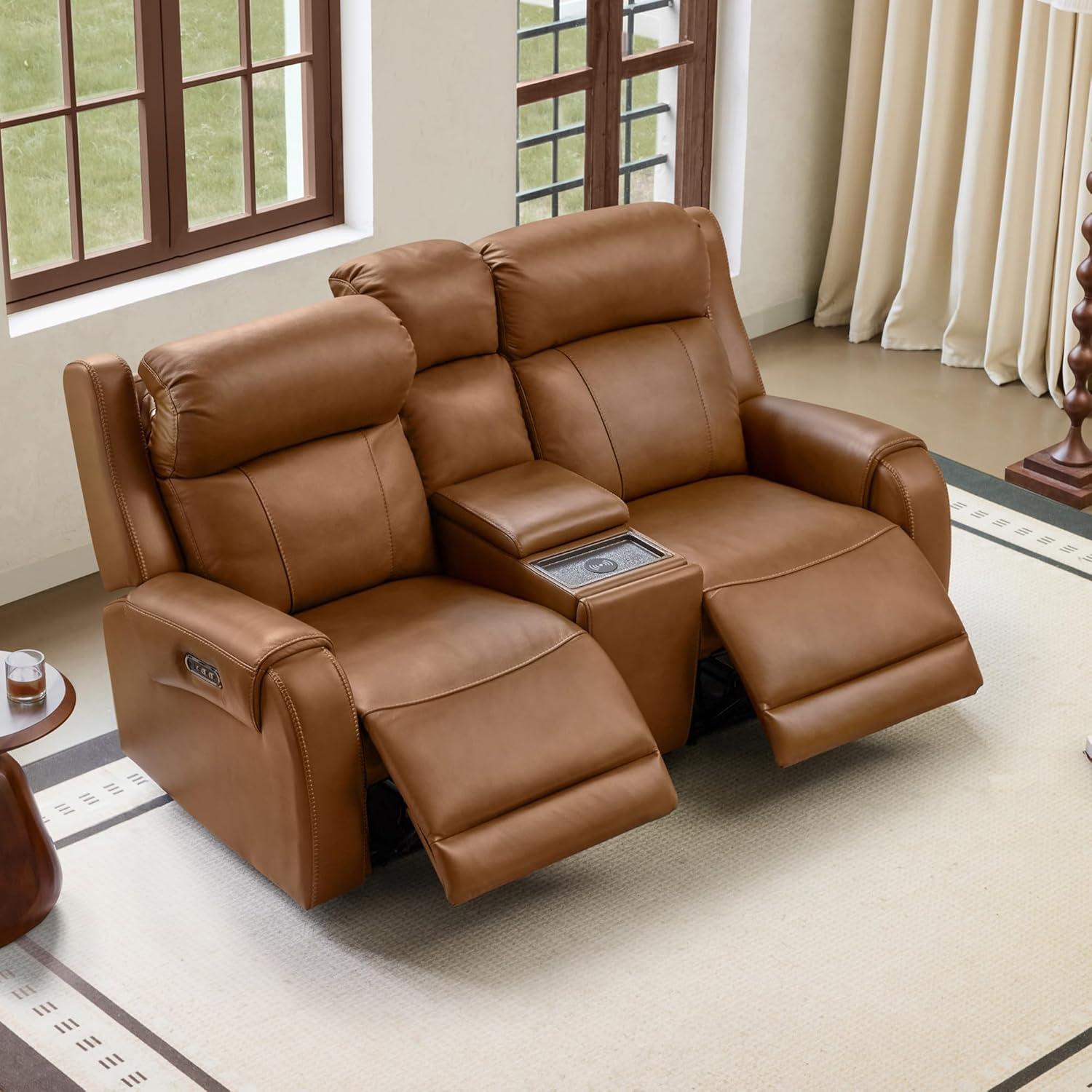 image:imageCHITA Genuine Leather Power Recliner Sofa Wall Hugger Reclining Loveseat with Console Power Headrest Dual Motor Wireless amp USB Charging Ports Recliner Couch for Living Room RV Leather in SaddleSaddle