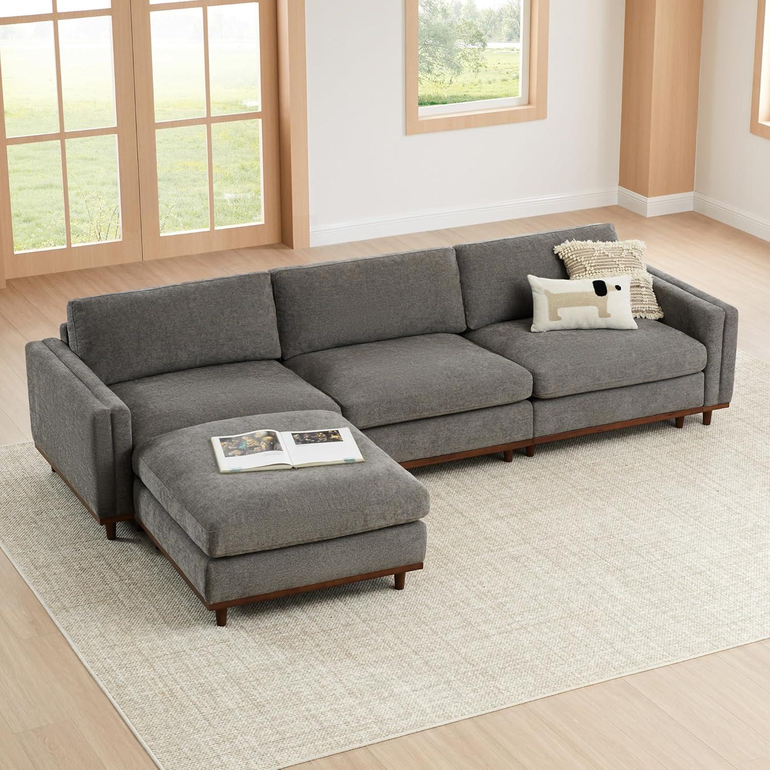 image:imageCHITA Super Large Luxury L Shape Convertible Sectional Modular Sofa Down Filled Modern Sofa with Ottoman Deep Seat Cloud Couch 118 inch Width 4 Seat Couch with Solid Wood Leg LinenGrey