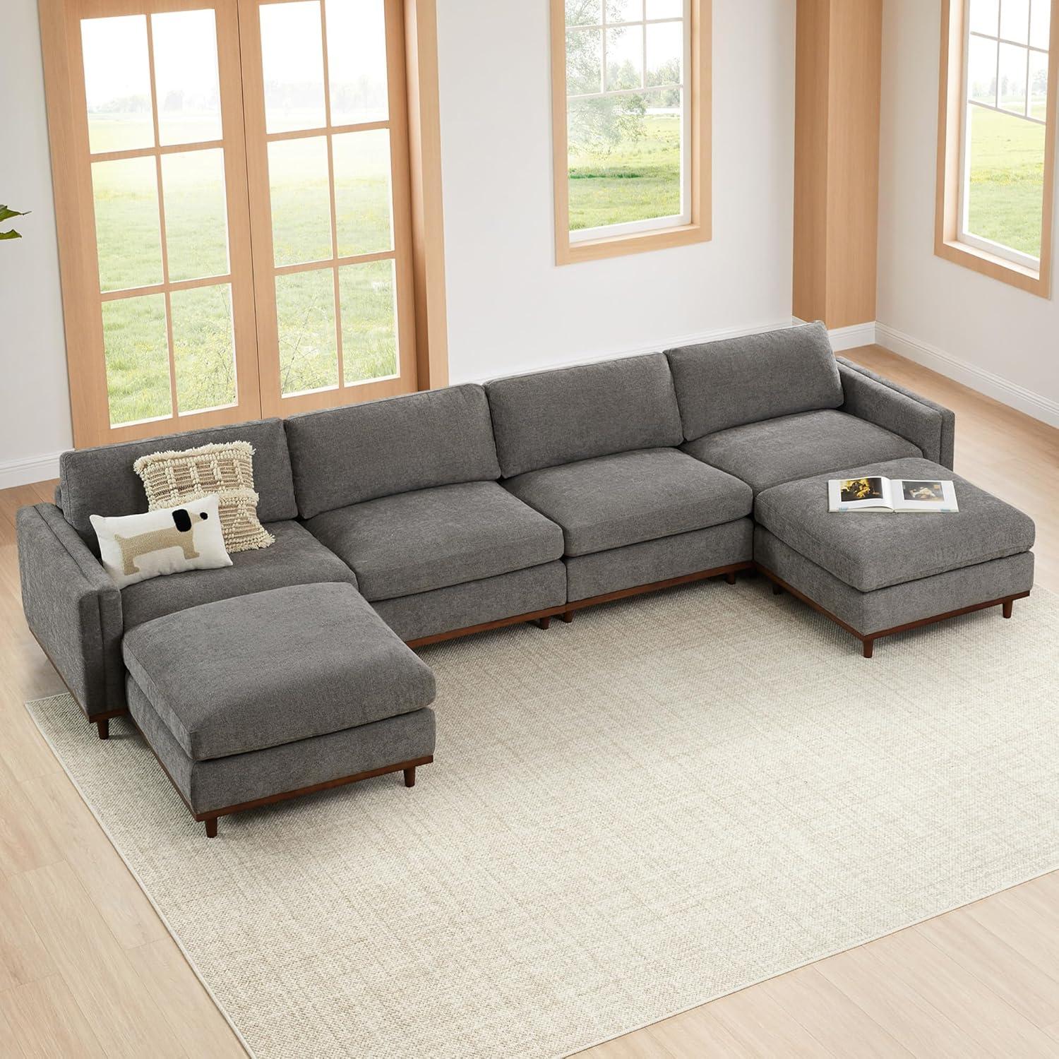 image:imageCHITA Super Large Luxury L Shape Convertible Sectional Modular Sofa Down Filled Modern Sofa with Ottoman Deep Seat Cloud Couch 118 inch Width 4 Seat Couch with Solid Wood Leg LinenGrey