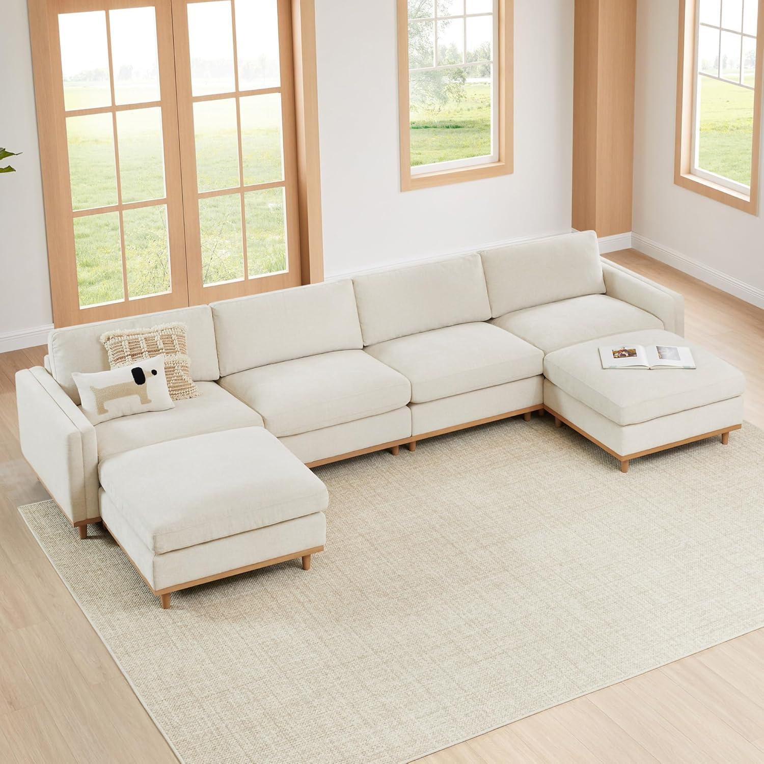 image:imageCHITA Super Large Luxury L Shape Convertible Sectional Modular Sofa Down Filled Modern Sofa with Ottoman Deep Seat Cloud Couch 118 inch Width 4 Seat Couch with Solid Wood Leg LinenLinen