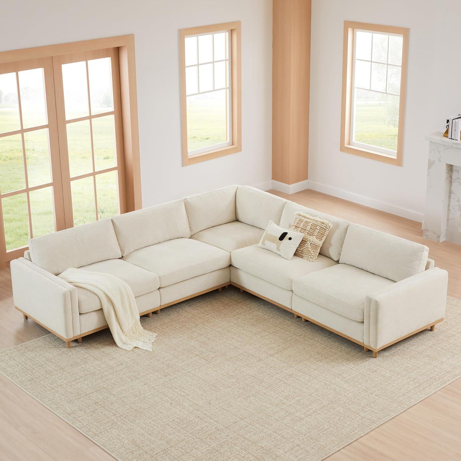 image:imageCHITA Super Large Luxury L Shape Convertible Sectional Modular Sofa Down Filled Modern Sofa with Ottoman Deep Seat Cloud Couch 118 inch Width 4 Seat Couch with Solid Wood Leg LinenLinen