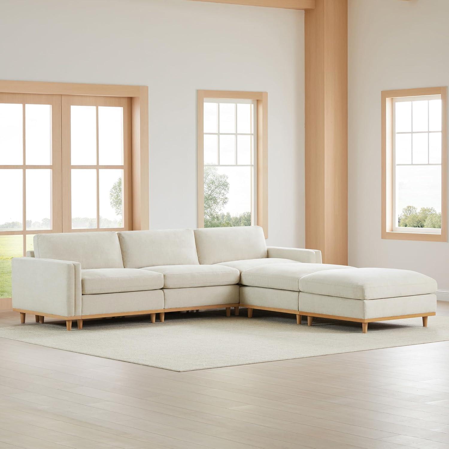 image:imageCHITA Super Large Luxury L Shape Convertible Sectional Modular Sofa Down Filled Modern Sofa with Ottoman Deep Seat Cloud Couch 118 inch Width 4 Seat Couch with Solid Wood Leg LinenLinen