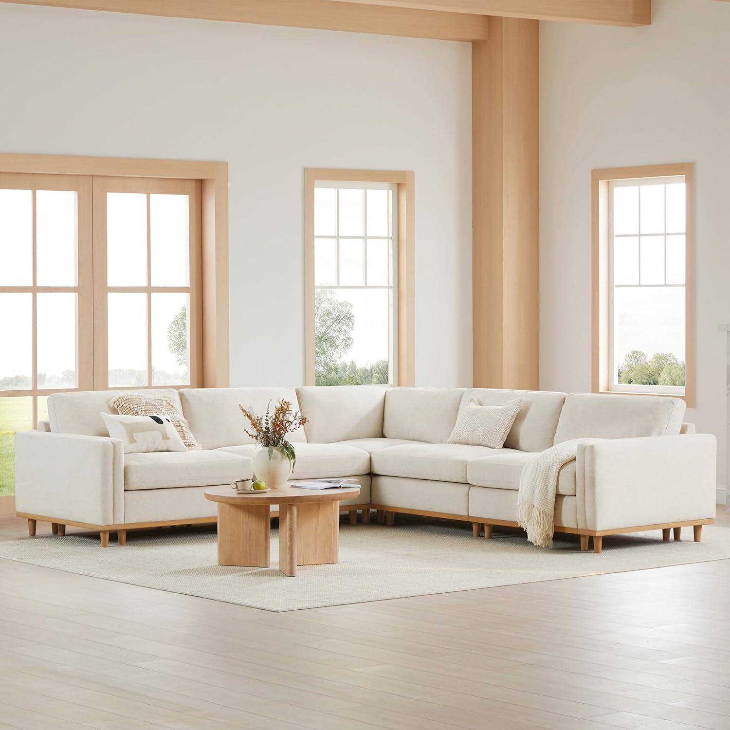 image:imageCHITA Super Large Luxury L Shape Convertible Sectional Modular Sofa Down Filled Modern Sofa with Ottoman Deep Seat Cloud Couch 118 inch Width 4 Seat Couch with Solid Wood Leg LinenLinen