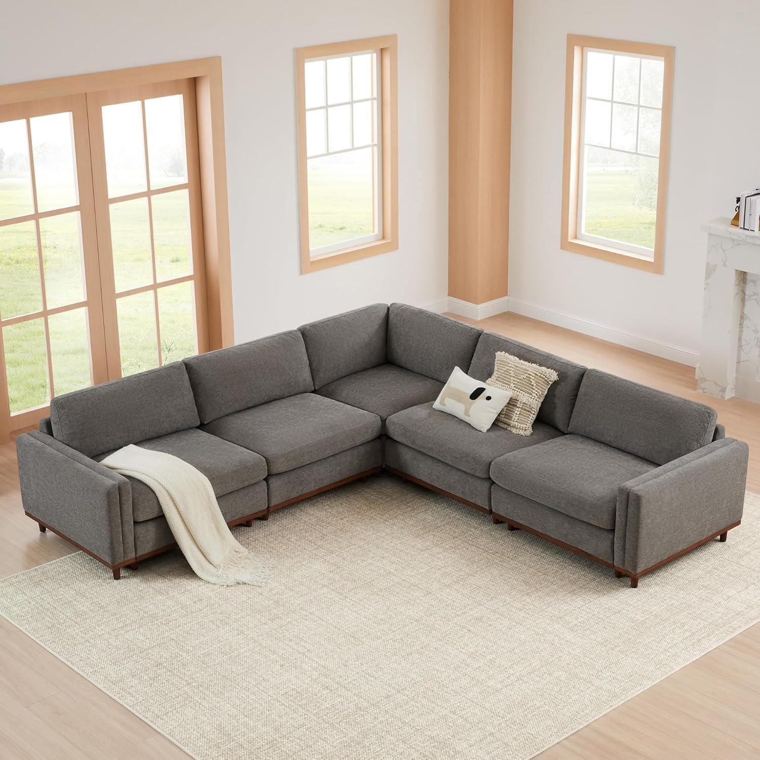 image:imageCHITA Super Large Luxury L Shape Convertible Sectional Modular Sofa Down Filled Modern Sofa with Ottoman Deep Seat Cloud Couch 118 inch Width 4 Seat Couch with Solid Wood Leg LinenGrey