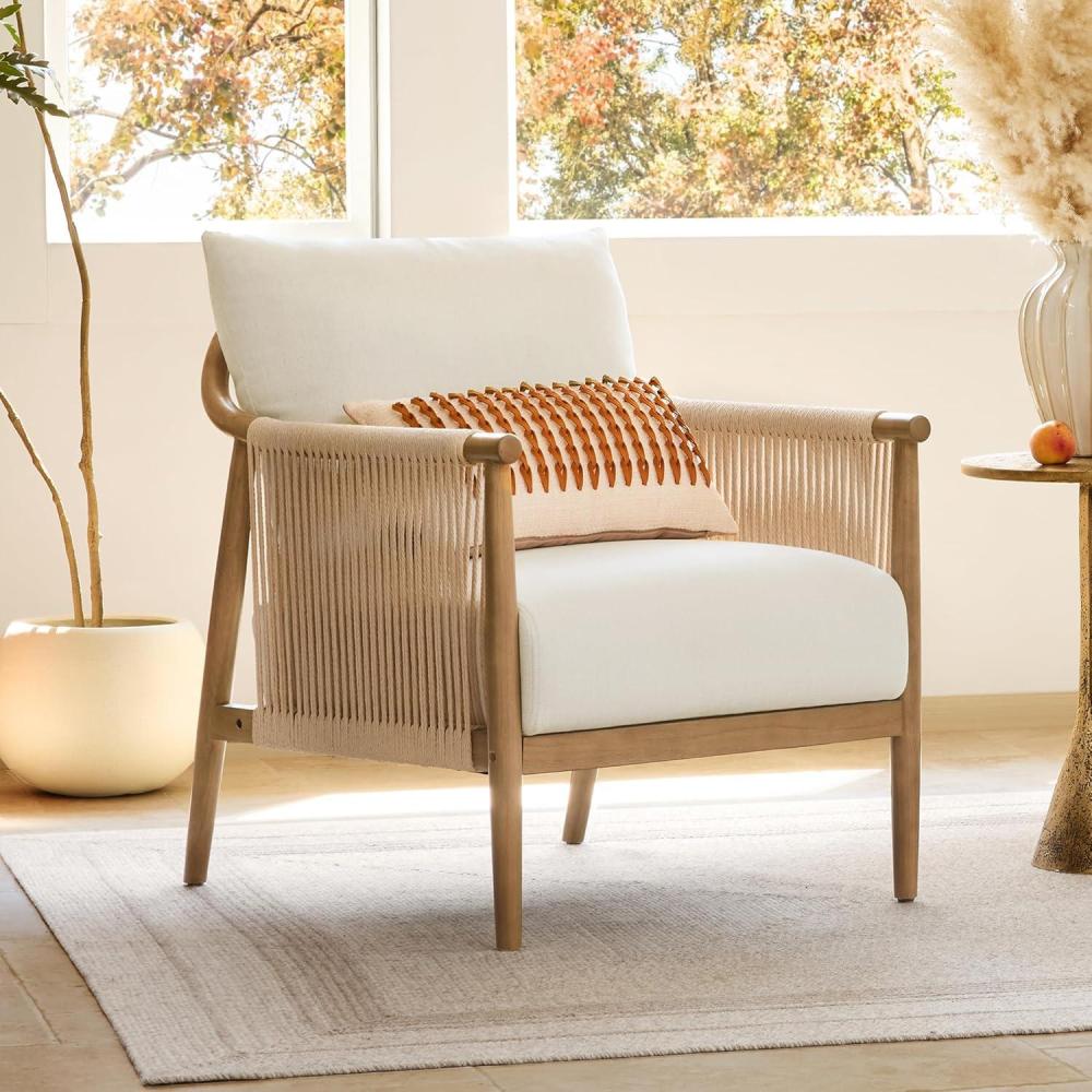 image:imageCHITA Braid Accent Chair Modern Armchair with Solid Wooden Armrest for Living Room and Bedroom Boho Reading Chair CreamCream