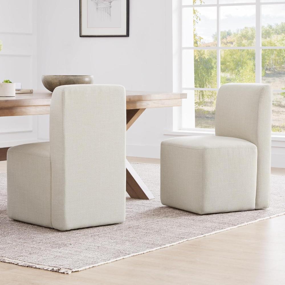 image:imageCHITA Dining Chairs with Casters Set of 2 FSC Certified Upholstered Armless Modern Rolling Dining Chairs with Rollers for Bedroom Reading Room Living Room LinenLinen