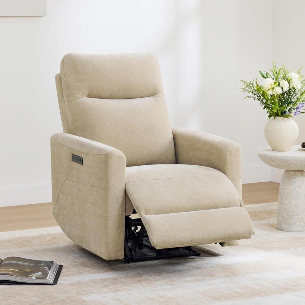 image:imageCHITA Genuine Leather Power Recliner Chair for Adults Electric Wall Hugger Recliner for Small Spaces Modern Living Room and RV Recliner Chair with Adjustable Power Headrest amp Charging Ports BrownFabric in Beige