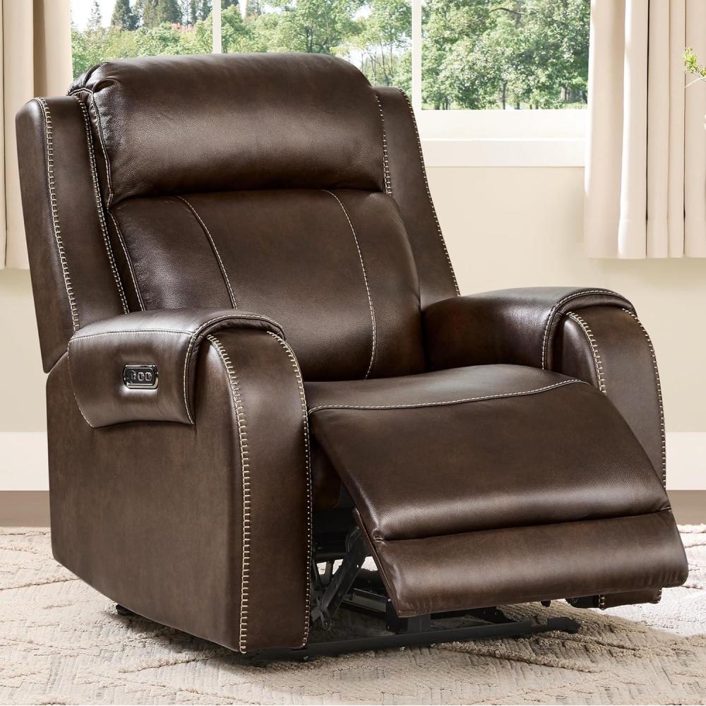 image:imageCHITA Genuine Leather Power Recliner Chair for Adults Electric Wall Hugger Recliner with Adjustable Power Headrest amp USBTypeC Ports Compact for Small Spaces amp Living Rooms Saddle BrownDark Brown