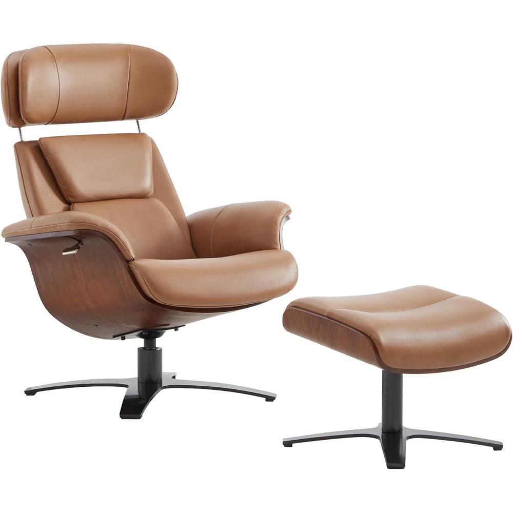 image:imageCHITA Genuine Leather Reclining Swivel Chair with Adjustable Headrest and Ottoman for Living Room SaddleSaddle