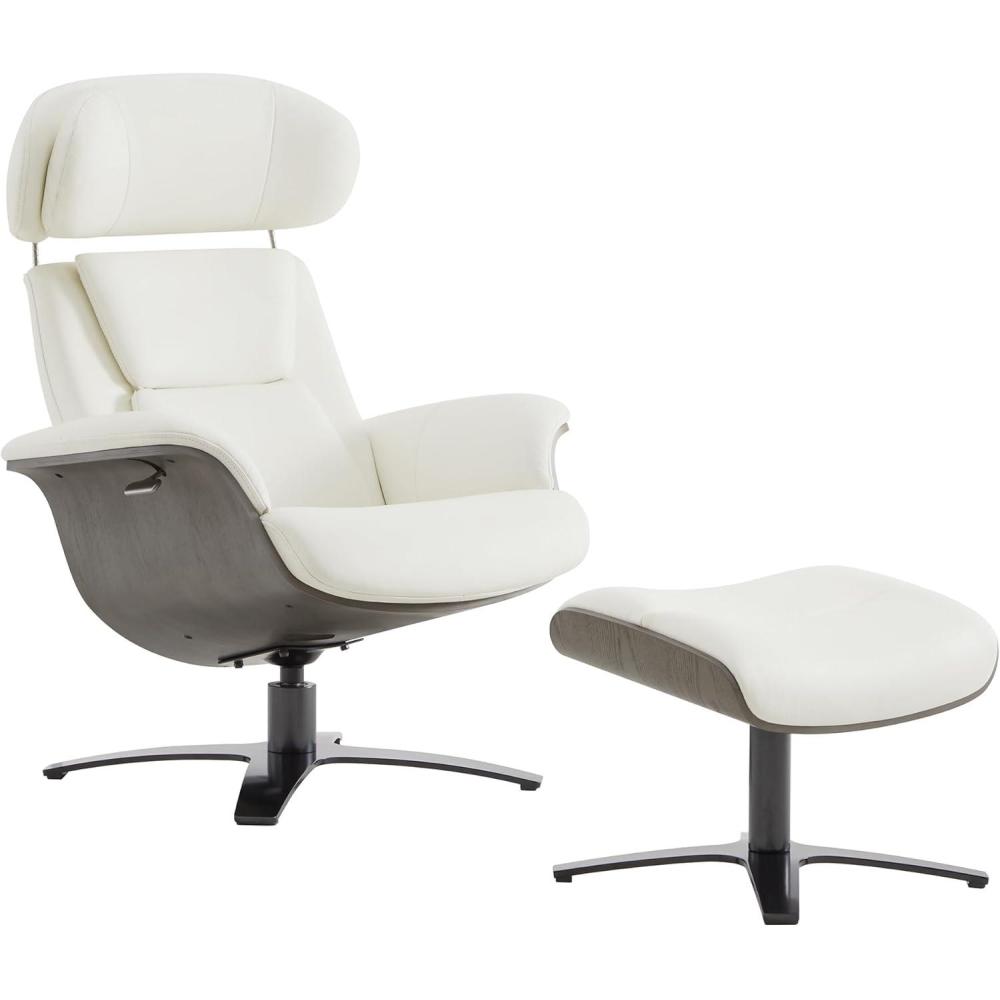 image:imageCHITA Genuine Leather Reclining Swivel Chair with Adjustable Headrest and Ottoman for Living Room SaddleWhite
