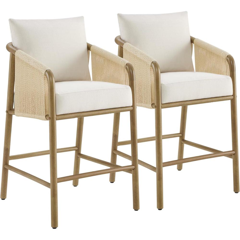 image:imageCHITA Paper Cord Braid Counter Height Barstools Set of 2 Fabric Upholstered Woven Rope Counter Stools with Back and Armrest for Kitchen Island Home Bar 27 Seat Height KhakiCream