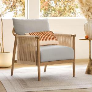 CHITA Braid Accent Chair, Modern Armchair with Solid Wooden Armrest for Living Room and Bedroom, Boho Reading Chair, Cream(Light Grey)