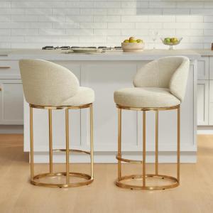 CHITA Counter Height Bar Stools Set of 2, Swivel Upholstered Barstools with Back, Sturdy Metal Base, 26.8″ Seat Height, Sand(Sand/Gold)