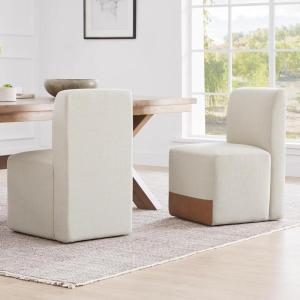CHITA Dining Chairs with Casters Set of 2, FSC Certified Upholstered Armless Modern Rolling Dining Chairs with Rollers for Bedroom Reading Room Living Room, Linen(Linen Patchwork)