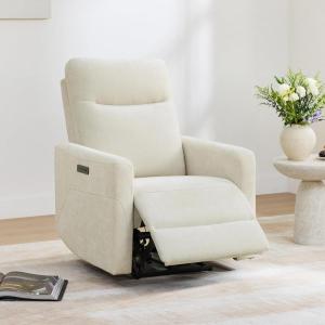 CHITA Genuine Leather Power Recliner Chair for Adults, Electric Wall Hugger Recliner for Small Spaces, Modern Living Room and RV Recliner Chair with Adjustable Power Headrest & Charging Ports, Brown(Fabric in Cream)