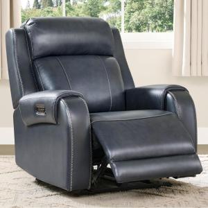CHITA Genuine Leather Power Recliner Chair for Adults, Electric Wall Hugger Recliner with Adjustable Power Headrest & USB/Type-C Ports, Compact for Small Spaces & Living Rooms, Saddle Brown(Navy Blue)