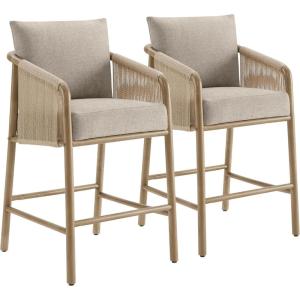 CHITA Paper Cord Braid Counter Height Barstools Set of 2, Fabric Upholstered Woven Rope Counter Stools with Back and Armrest for Kitchen Island Home Bar, 27″ Seat Height, Khaki(Khaki)