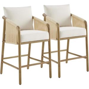 CHITA Paper Cord Braid Counter Height Barstools Set of 2, Fabric Upholstered Woven Rope Counter Stools with Back and Armrest for Kitchen Island Home Bar, 27″ Seat Height, Khaki(Cream)