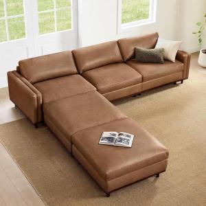 CHITA Super Large Luxury L Shape Convertible Sectional Modular Sofa, Down Filled Modern Sofa with Ottoman, Deep Seat Cloud Couch, 118 inch Width, 4 Seat Couch with Solid Wood Leg, Linen(Camel)