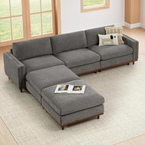 CHITA Super Large Luxury L Shape Convertible Sectional Modular Sofa, Down Filled Modern Sofa with Ottoman, Deep Seat Cloud Couch, 118 inch Width, 4 Seat Couch with Solid Wood Leg, Linen(Grey)