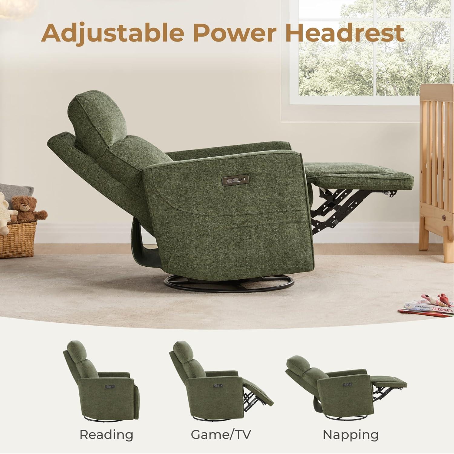 image:imageCHITA Electronic Power Recliner Chair Swivel Glider FSC Certified Modern Nursery Rocking Chair with USB and TypeC Ports IvoryForest Green