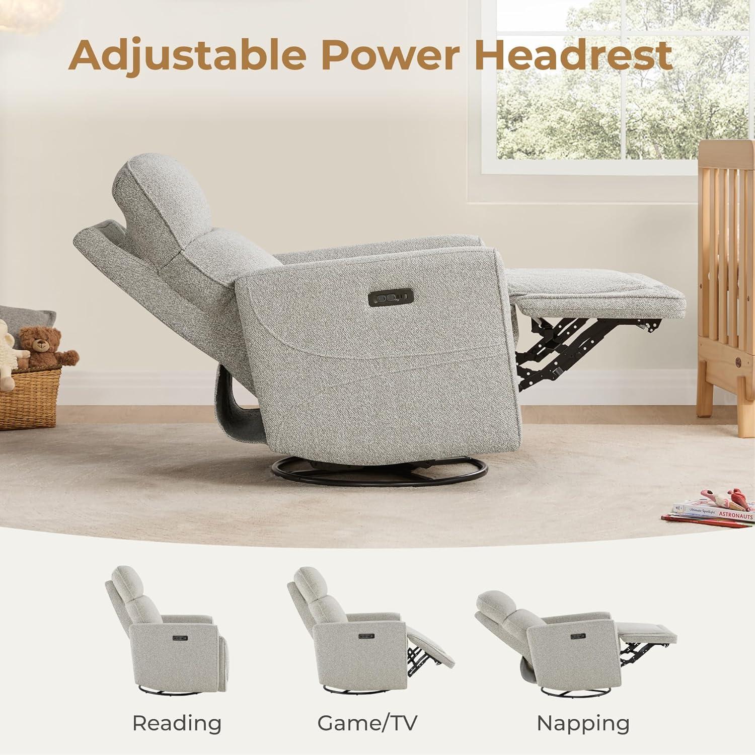 image:imageCHITA Electronic Power Recliner Chair Swivel Glider FSC Certified Modern Nursery Rocking Chair with USB and TypeC Ports IvoryLight Grey