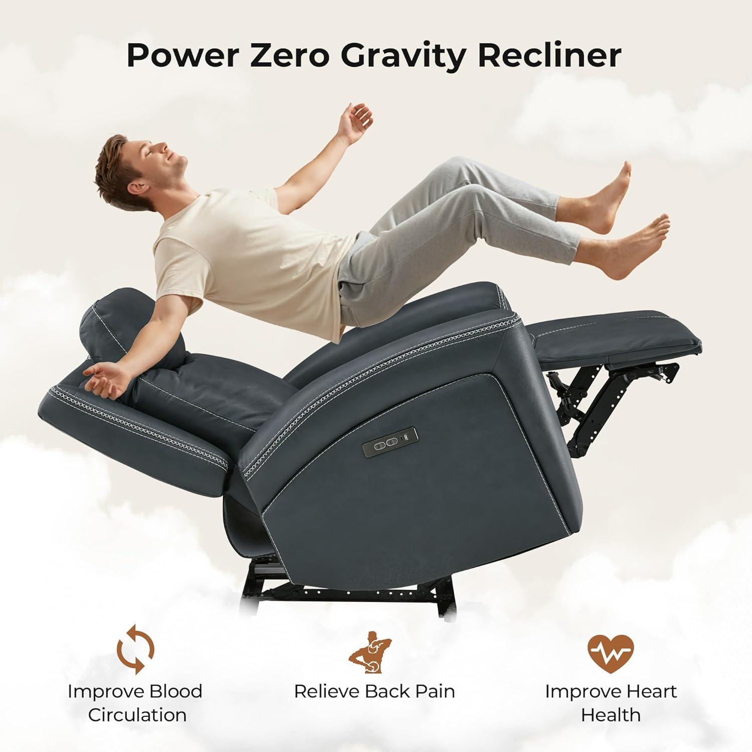 image:imageCHITA Genuine Leather Power Recliner Chair for Adults Super Zero Gravity Recliner with Adjustable Power Headrest amp USBTypeC Ports for Living Room Bedroom amp Home Theater Light GrayNavy Blue