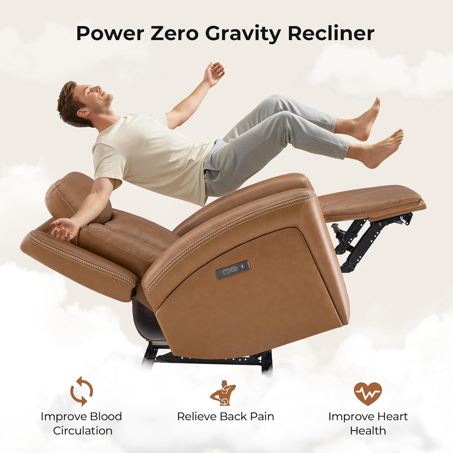 image:imageCHITA Genuine Leather Power Recliner Chair for Adults Super Zero Gravity Recliner with Adjustable Power Headrest amp USBTypeC Ports for Living Room Bedroom amp Home Theater Light GraySaddle