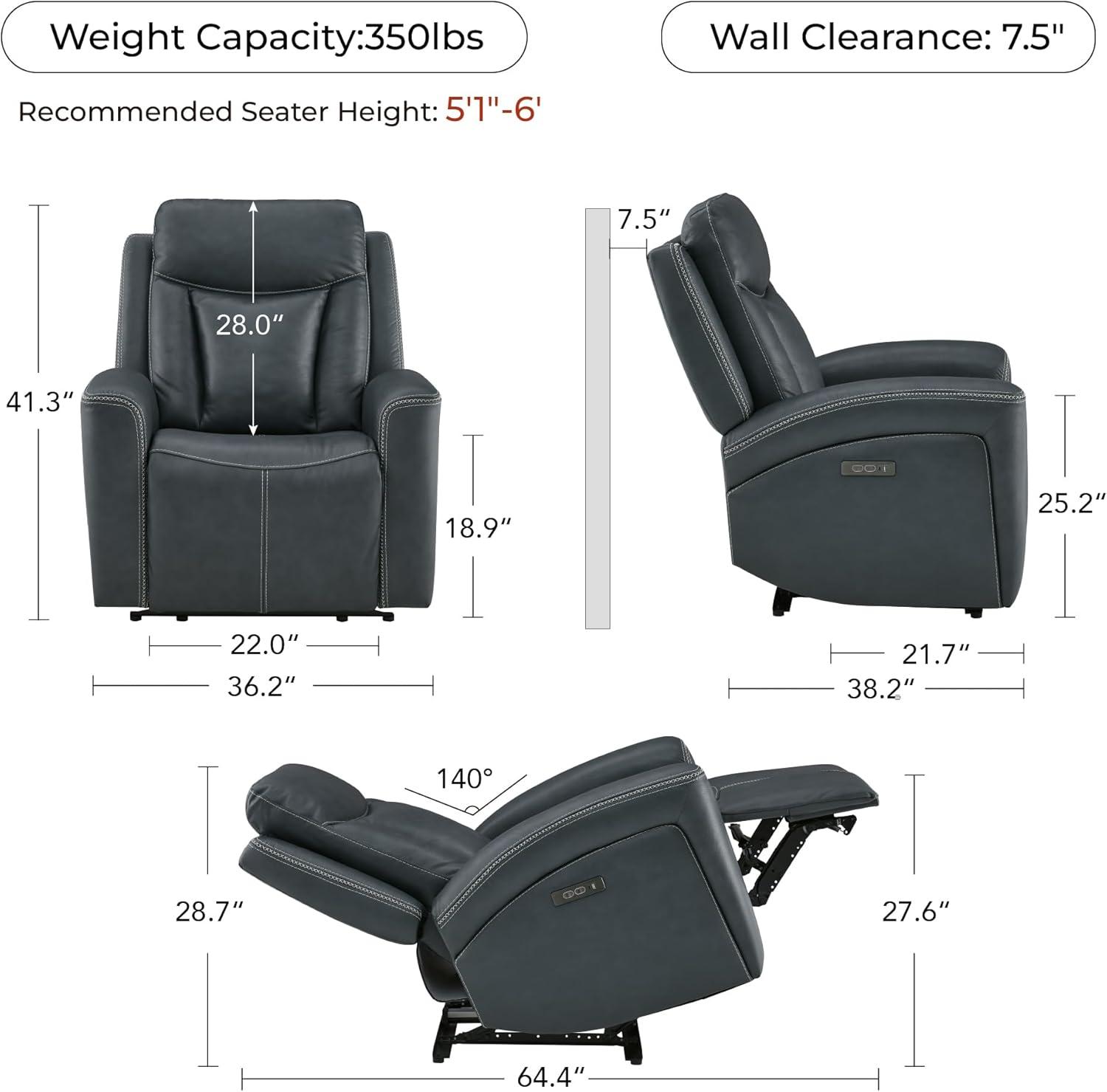 image:imageCHITA Genuine Leather Power Recliner Chair for Adults Super Zero Gravity Recliner with Adjustable Power Headrest amp USBTypeC Ports for Living Room Bedroom amp Home Theater Light GrayNavy Blue