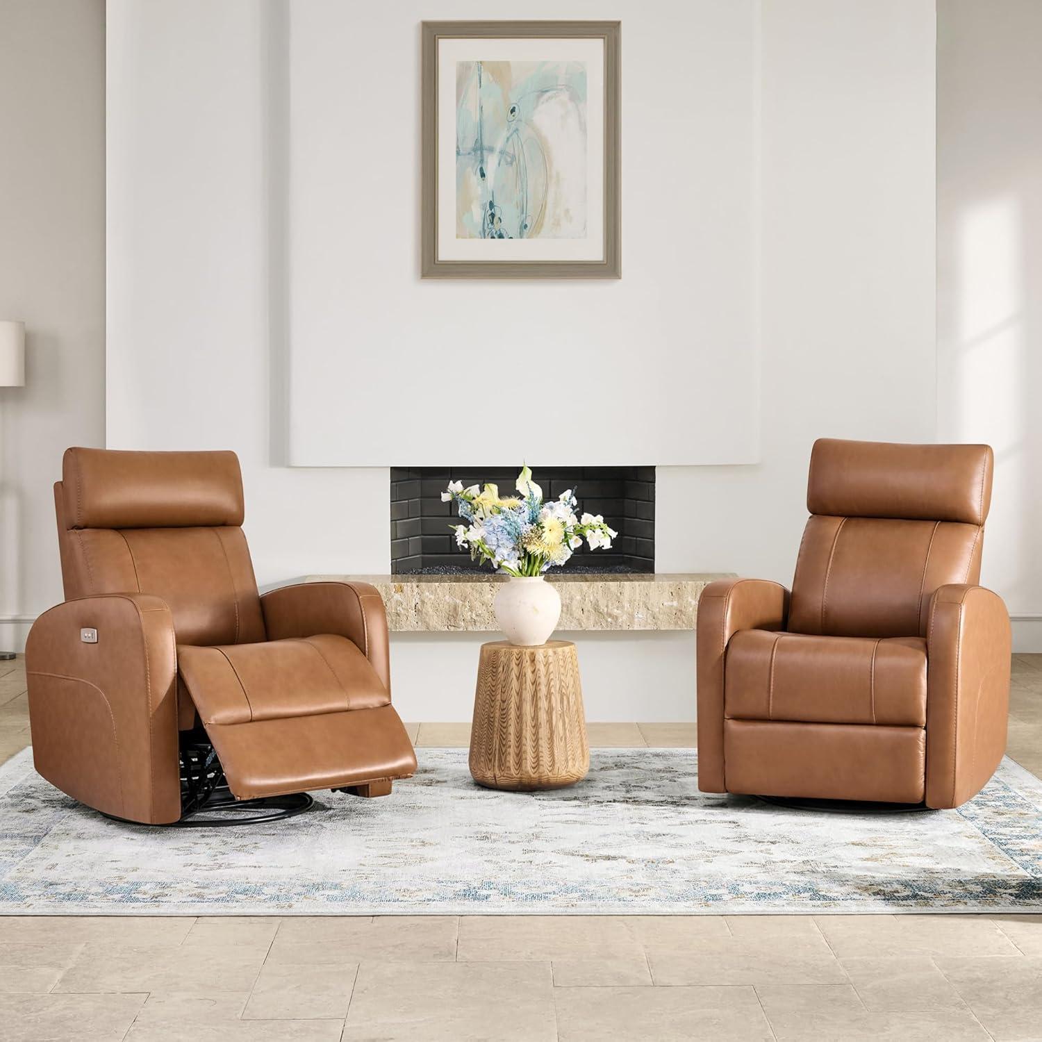 image:imageCHITA Genuine Leather Power Swivel Glider Recliner Chair FSC Certified Double Layer Backrest Truck Armrest Recliner Chair Sofa for Living RoomWhiteCamel Brown