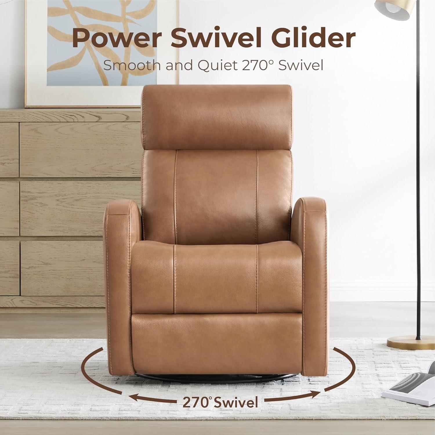image:imageCHITA Genuine Leather Power Swivel Glider Recliner Chair FSC Certified Double Layer Backrest Truck Armrest Recliner Chair Sofa for Living RoomWhiteCamel Brown
