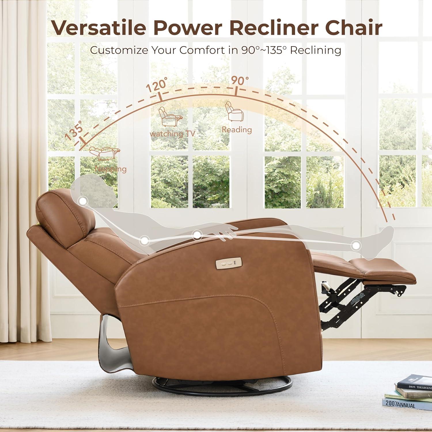 image:imageCHITA Genuine Leather Power Swivel Glider Recliner Chair FSC Certified Double Layer Backrest Truck Armrest Recliner Chair Sofa for Living RoomWhiteCamel Brown