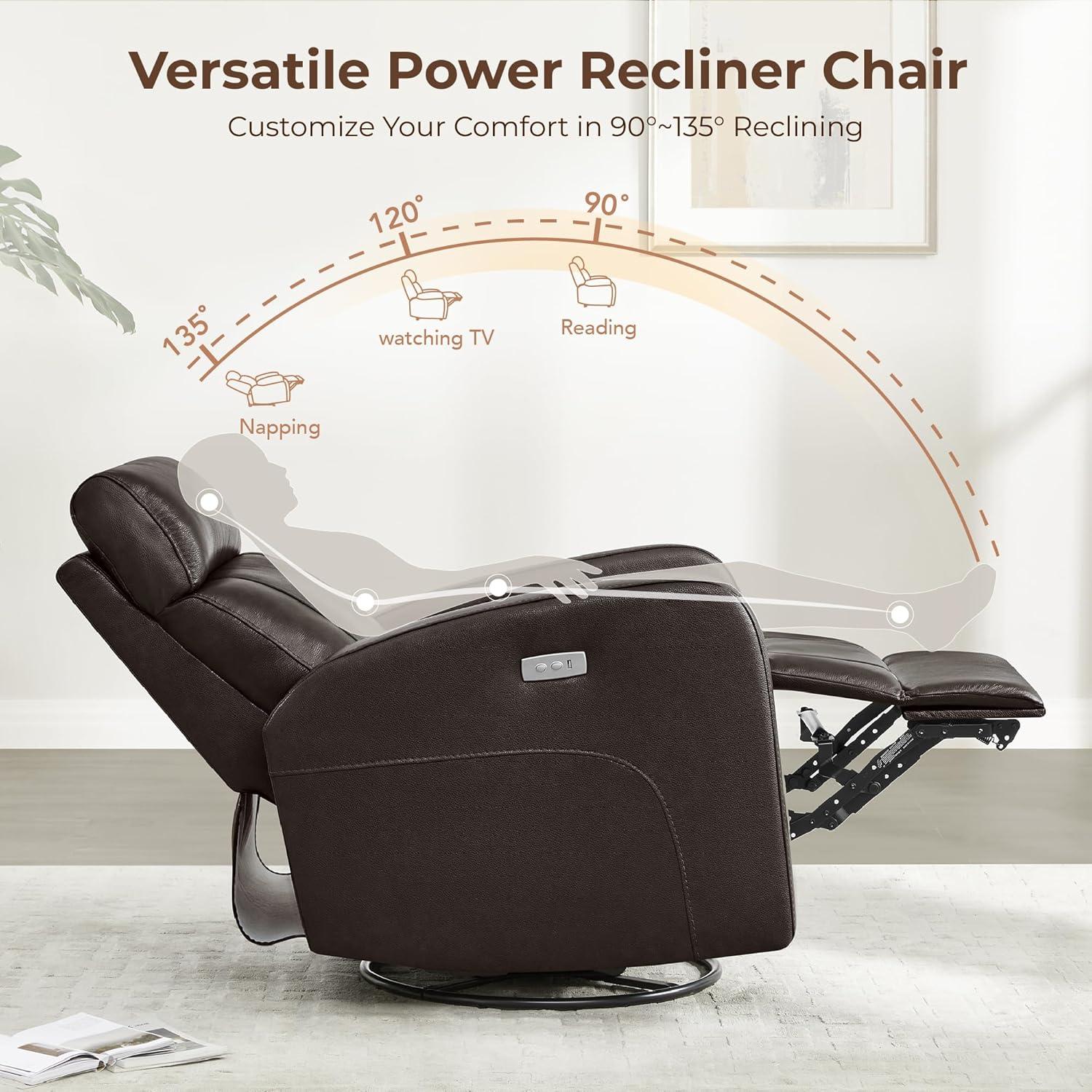image:imageCHITA Genuine Leather Power Swivel Glider Recliner Chair FSC Certified Double Layer Backrest Truck Armrest Recliner Chair Sofa for Living RoomWhiteDark Brown