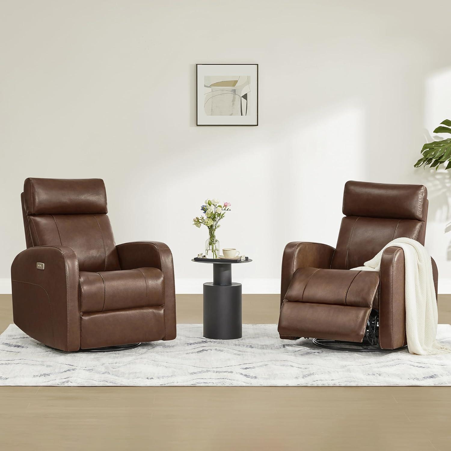 image:imageCHITA Genuine Leather Power Swivel Glider Recliner Chair FSC Certified Double Layer Backrest Truck Armrest Recliner Chair Sofa for Living RoomWhiteLight Brown