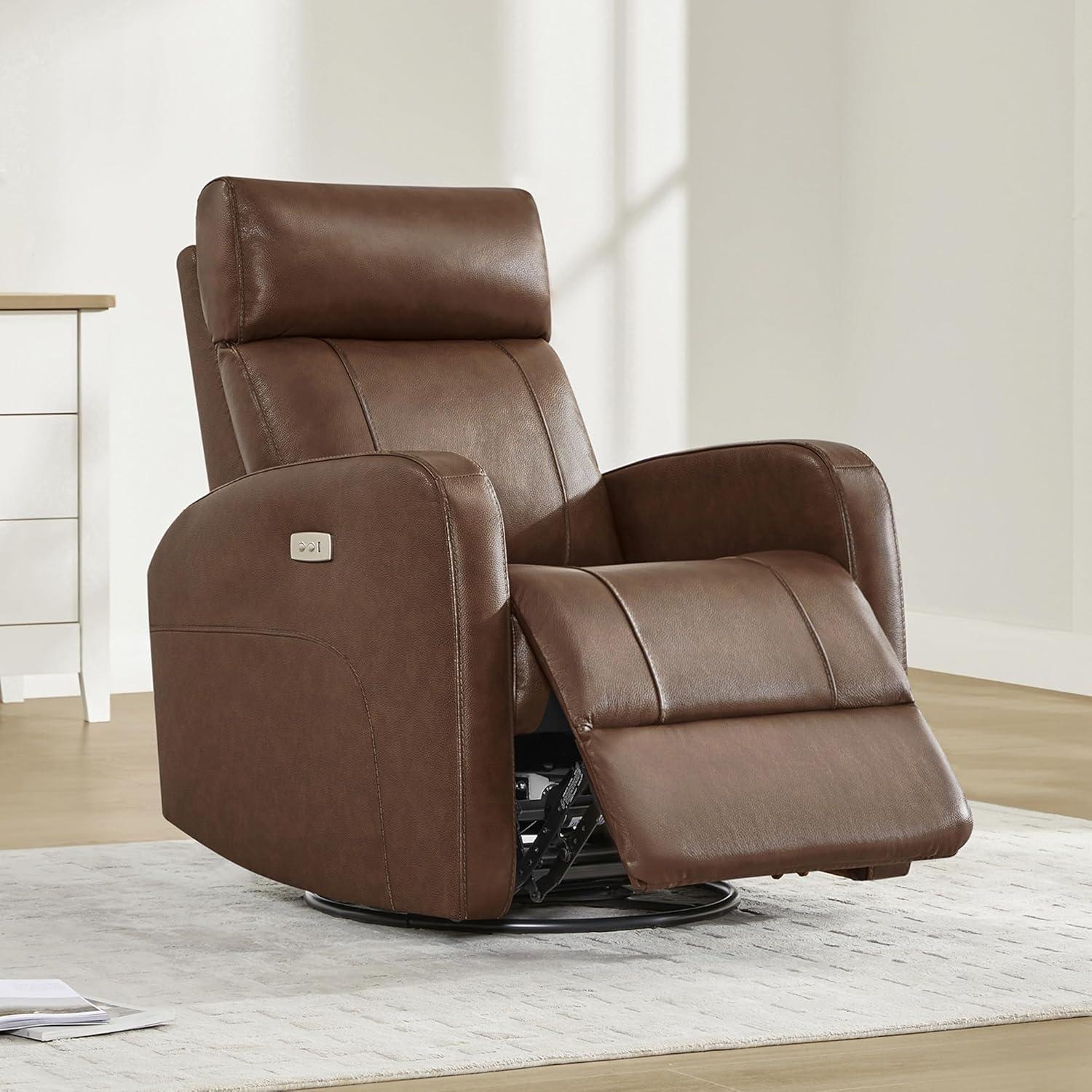 image:imageCHITA Genuine Leather Power Swivel Glider Recliner Chair FSC Certified Double Layer Backrest Truck Armrest Recliner Chair Sofa for Living RoomWhiteLight Brown