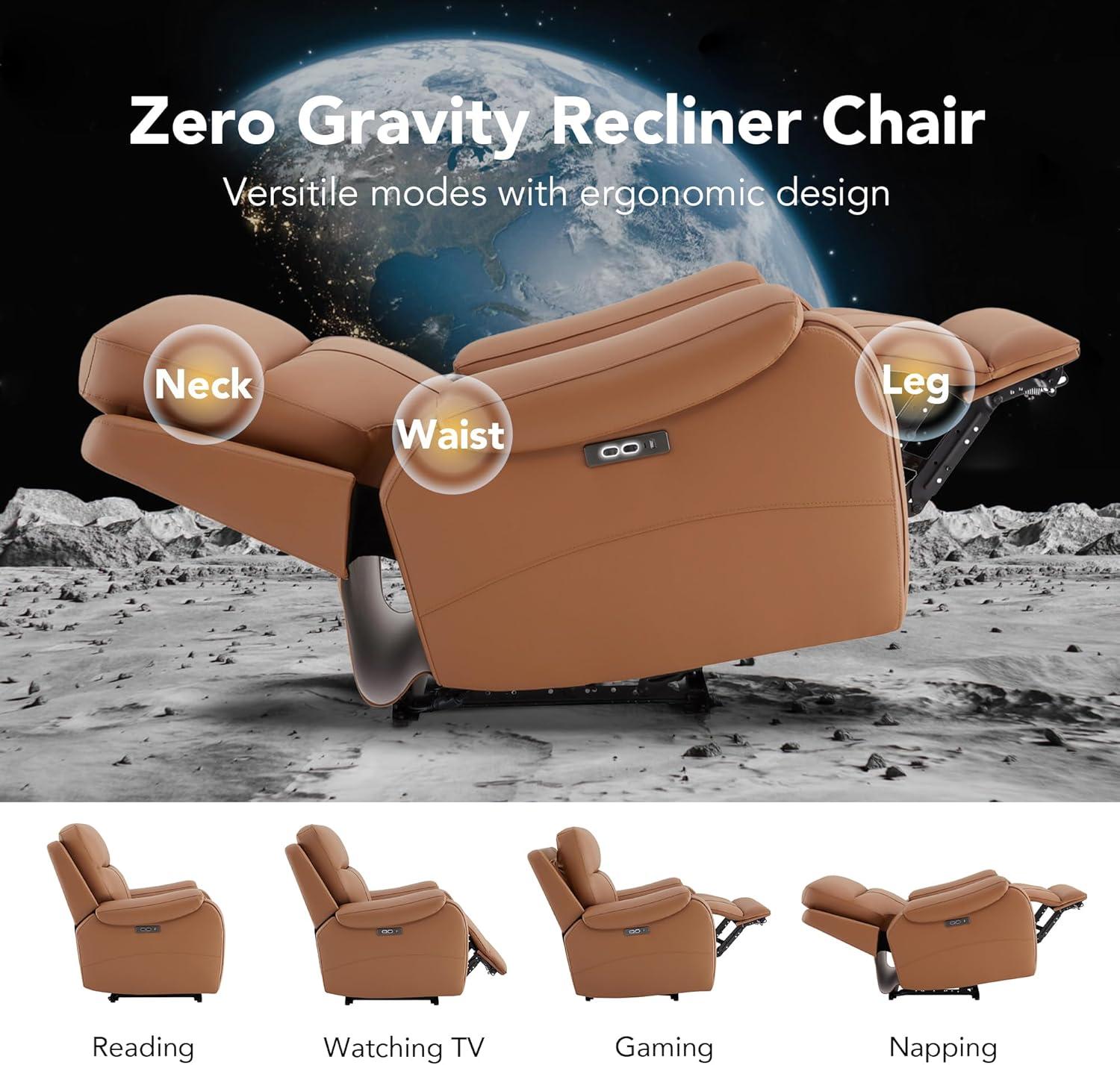 image:imageCHITA Large Power Zero Gravity Recliner Chair Genuine Leather Recliner Chair for Adults with Adjustable Power Headrest and Hidden SlideOut Cupholders USB and TypeC Ports Creamy GreySaddle