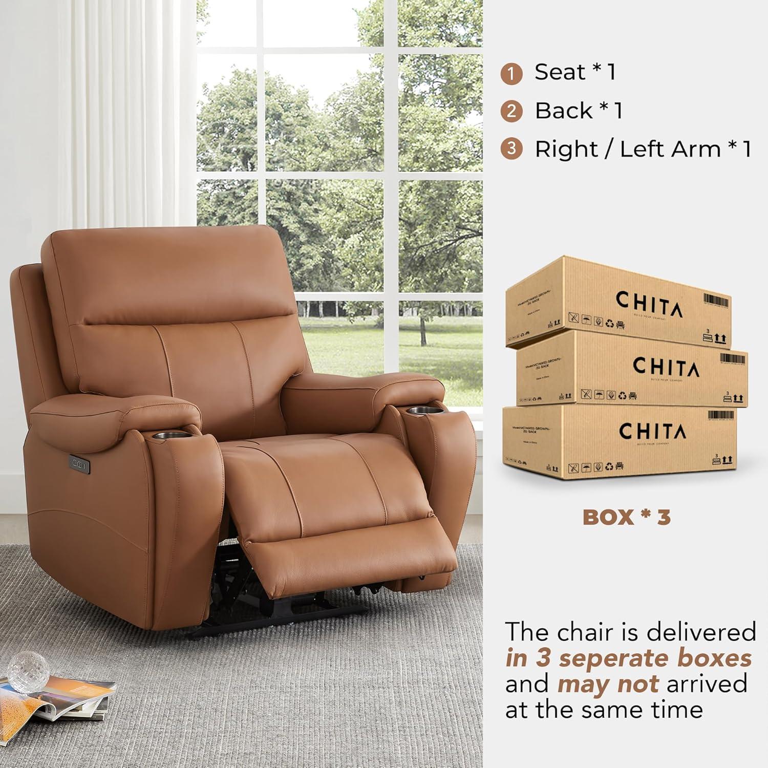 image:imageCHITA Large Power Zero Gravity Recliner Chair Genuine Leather Recliner Chair for Adults with Adjustable Power Headrest and Hidden SlideOut Cupholders USB and TypeC Ports Creamy GreySaddle