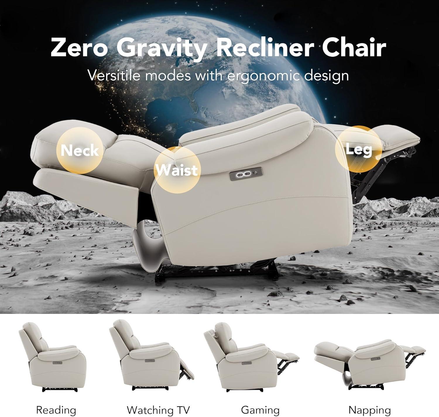 image:imageCHITA Large Power Zero Gravity Recliner Chair Genuine Leather Recliner Chair for Adults with Adjustable Power Headrest and Hidden SlideOut Cupholders USB and TypeC Ports Creamy GreyGrey