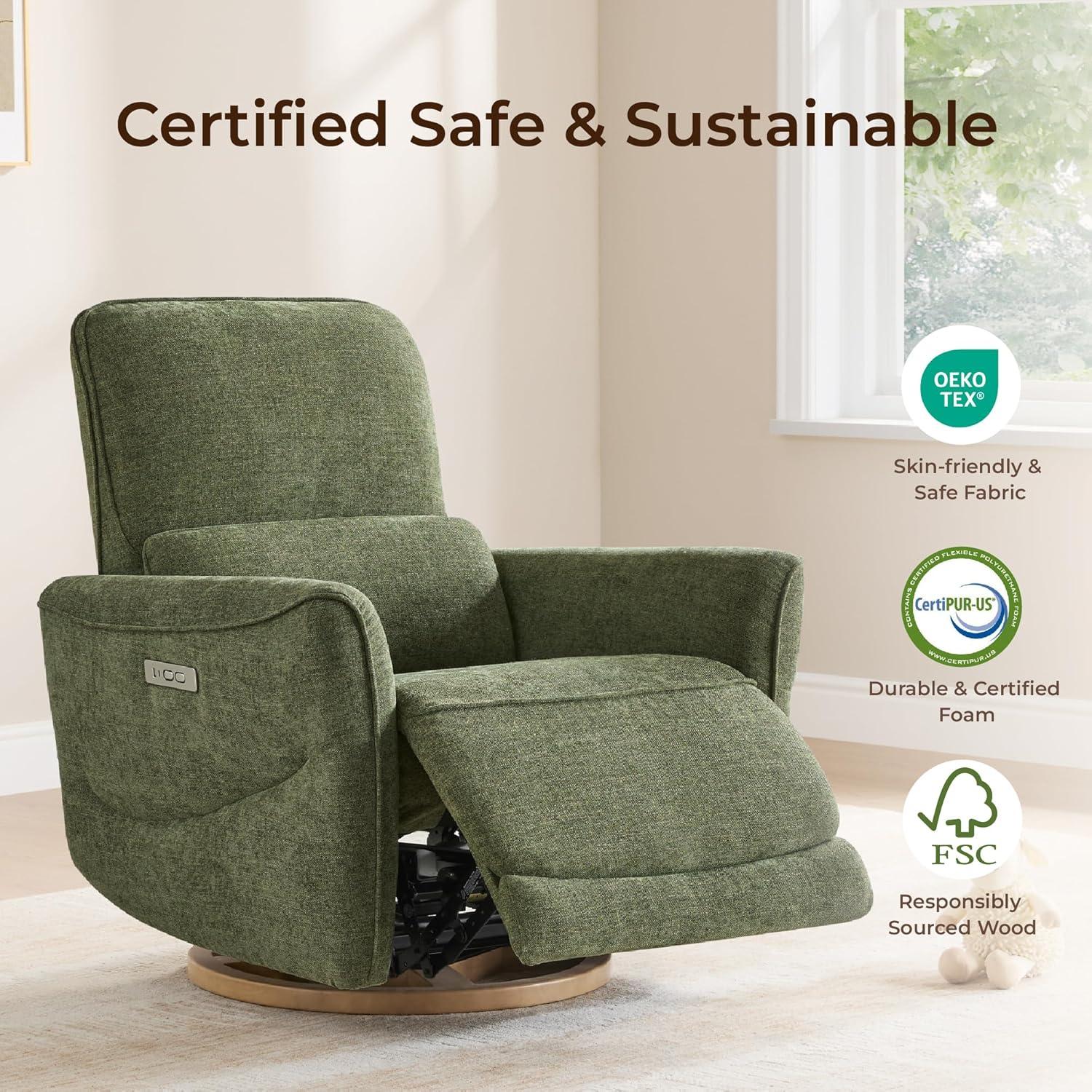 image:imageCHITA Power Nursery Rocking Chair Swivel Glider Recliner Chair with Solid Wood Base Bulitin USB amp TypeC Charging Ports for Living Room FSC Certified Moss GreenMoss Green
