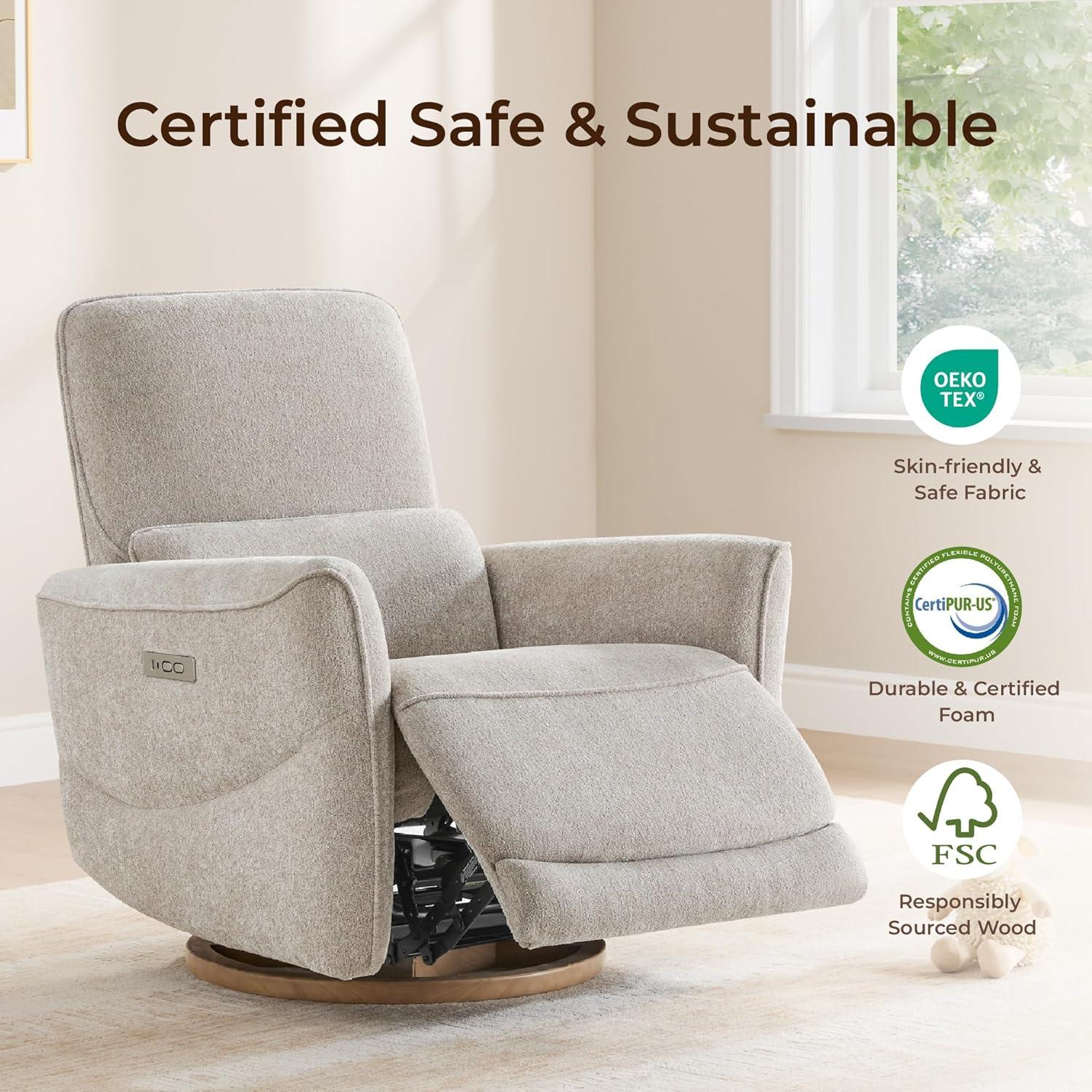 image:imageCHITA Power Nursery Rocking Chair Swivel Glider Recliner Chair with Solid Wood Base Bulitin USB amp TypeC Charging Ports for Living Room FSC Certified Moss GreenTaupe