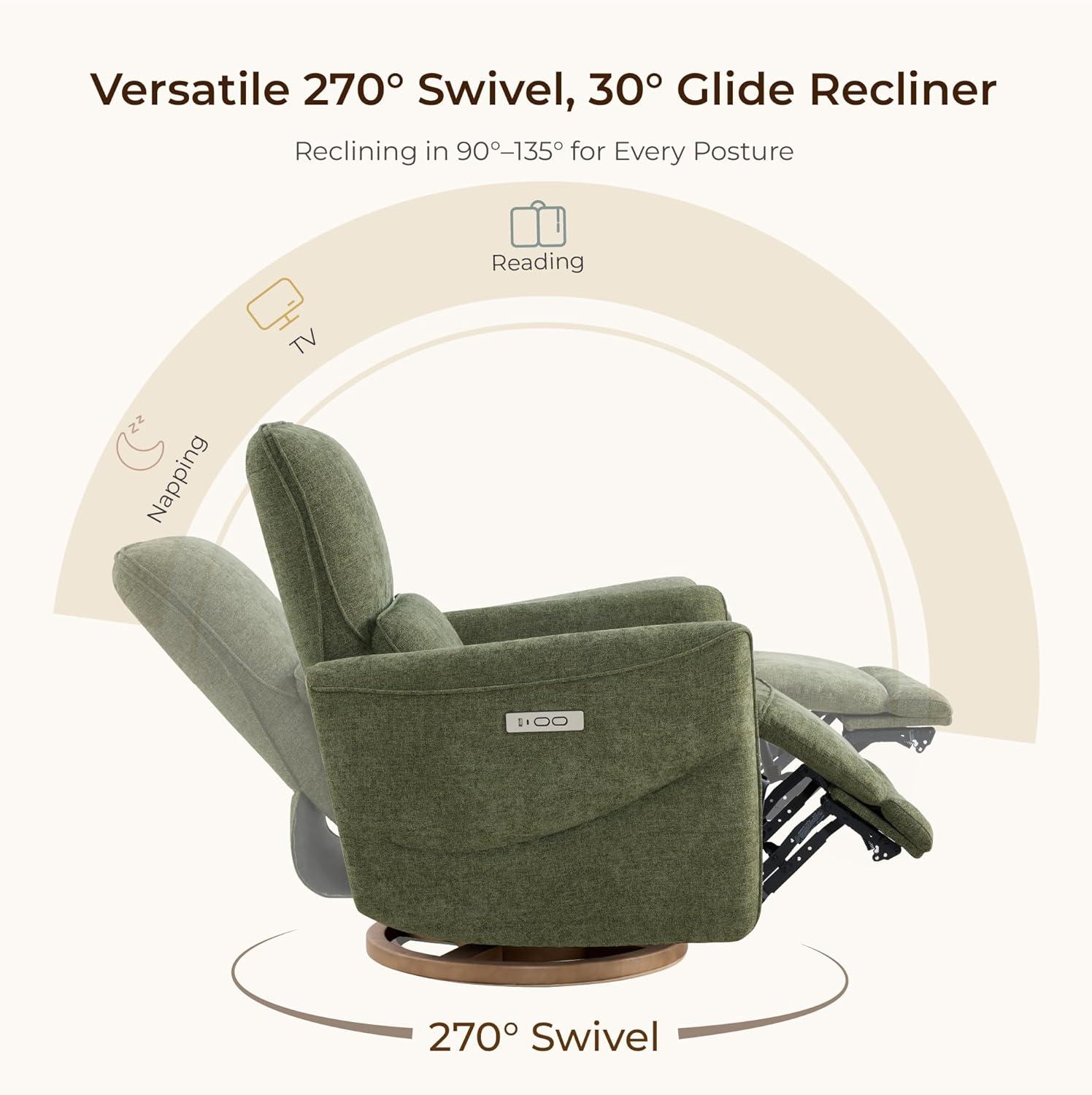 image:imageCHITA Power Nursery Rocking Chair Swivel Glider Recliner Chair with Solid Wood Base Bulitin USB amp TypeC Charging Ports for Living Room FSC Certified Moss GreenMoss Green