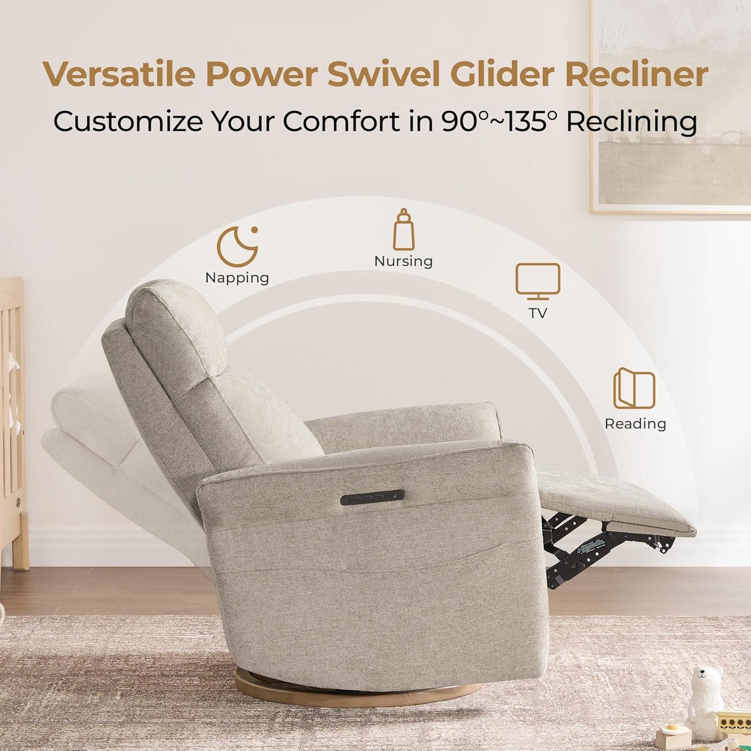 image:imageCHITA Power Recliner Chair Electric TripleMotor Swivel Glider Nursery Rocking Chair with Adjustable Power Headrest and Lumbar Support Solid Wood Base LinenKhaki