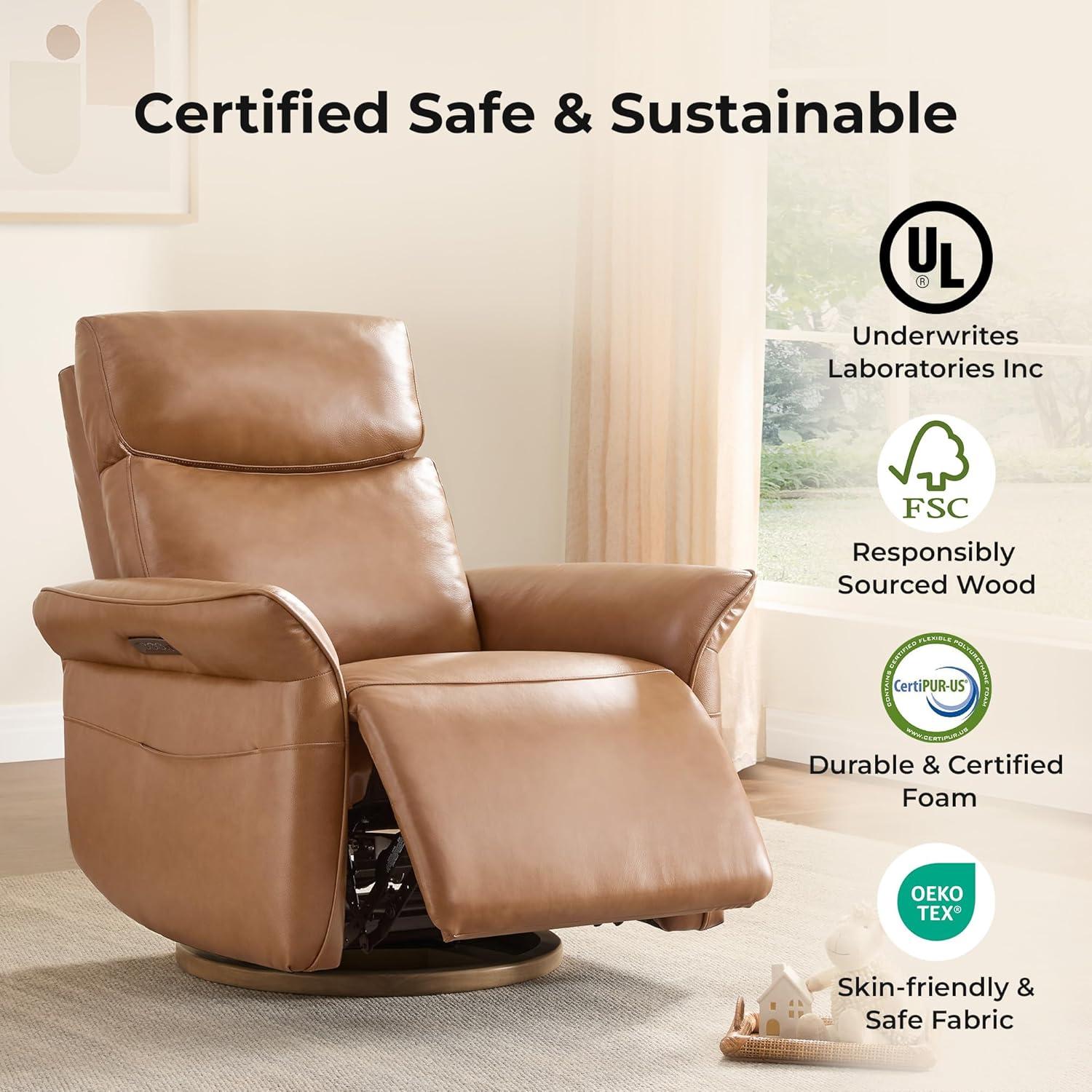 image:imageCHITA Power Recliner Chair Electric TripleMotor Swivel Glider Nursery Rocking Chair with Adjustable Power Headrest and Lumbar Support Solid Wood Base LinenGenuine Leathersaddle Brown