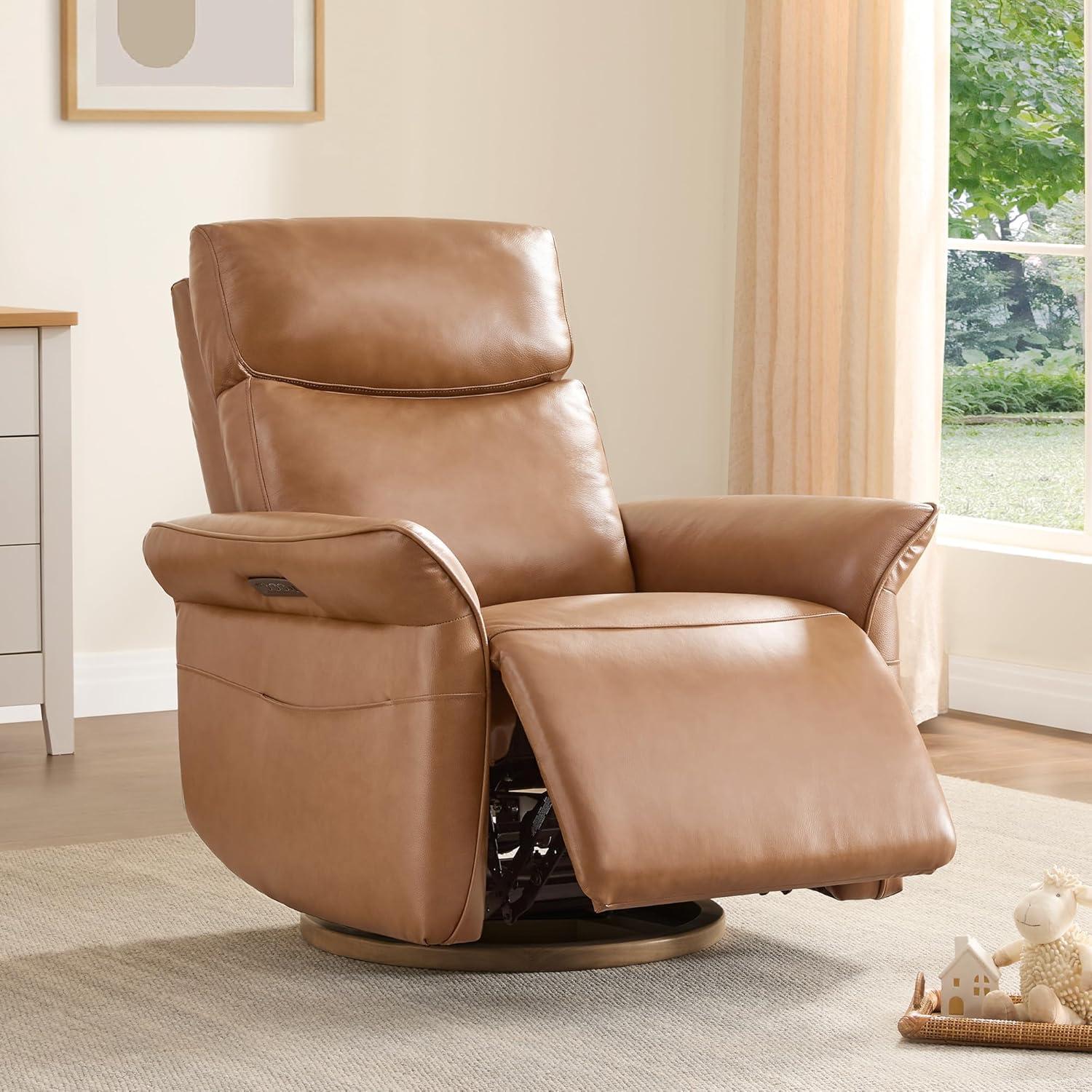 image:imageCHITA Power Recliner Chair Electric TripleMotor Swivel Glider Nursery Rocking Chair with Adjustable Power Headrest and Lumbar Support Solid Wood Base LinenGenuine Leathersaddle Brown